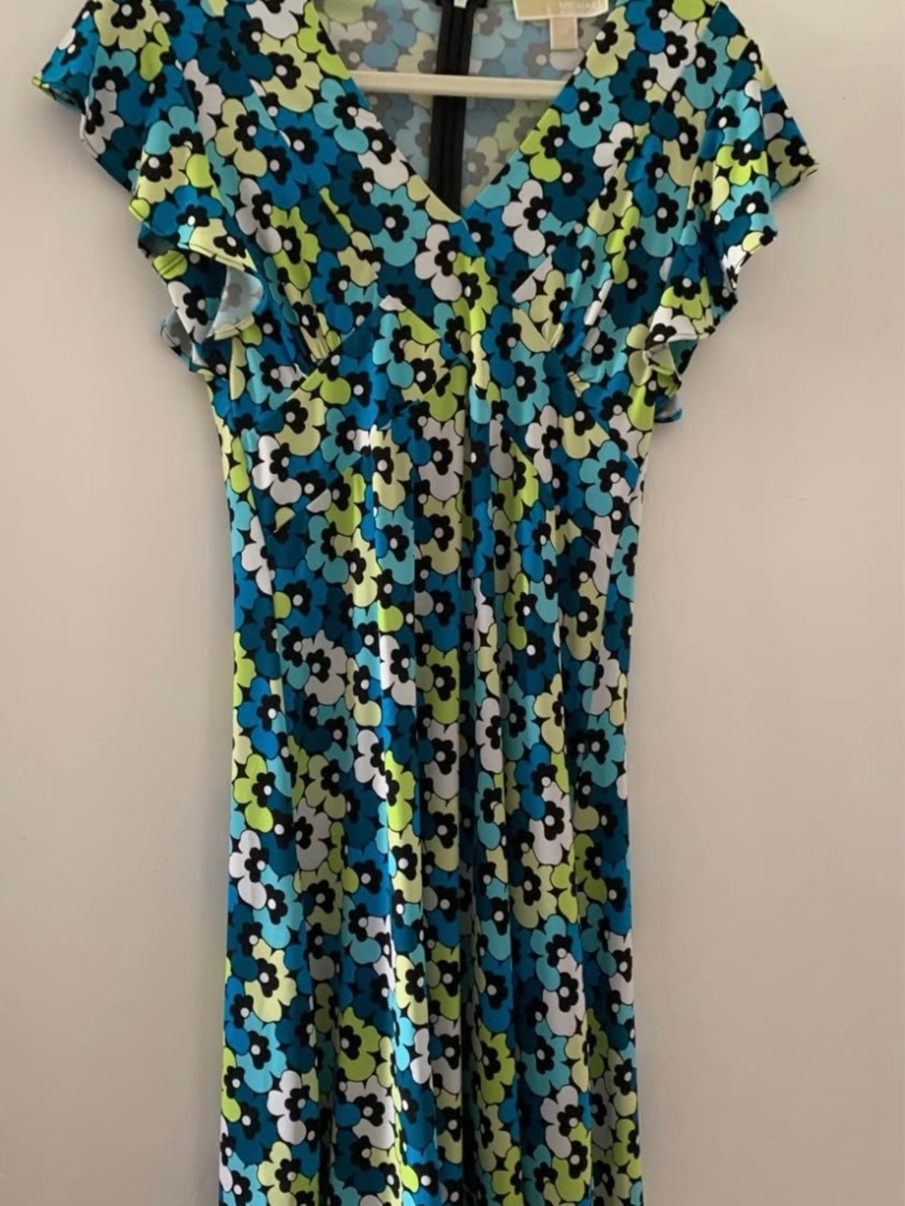Michael Kors Blue Green Floral V-Neck Dress